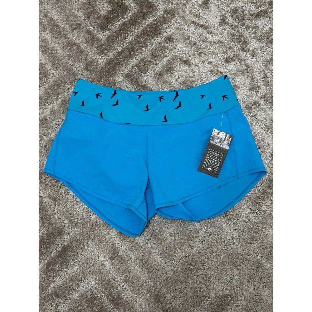 oiselle Bright Blue Athletic Running Shorts with Black Swallow Print Waistband